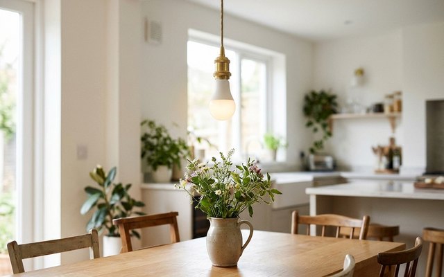 A white smart bulb glowing soft amber in a brass pendant over a dining table