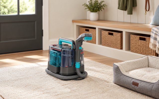 Shark StainStriker spot cleaner, on a cream area rug in a bright mudroom beside an empty dog bed