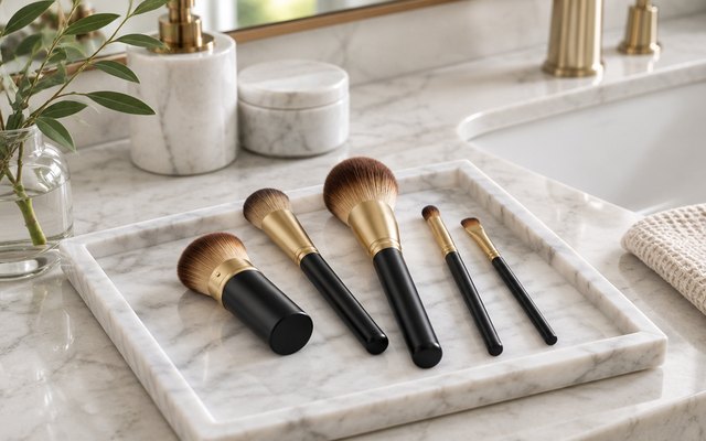 LAURA GELLER full face brush set, fanned out on a marble tray on a bathroom counter