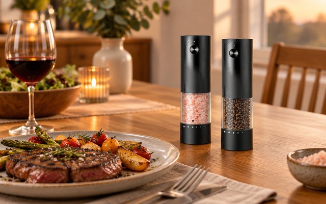 Gaivis Rechargeable Electric Salt and Pepper Grinder Set, pair of electric salt and pepper grinders standing on a dining table beside a plate of steak and roast