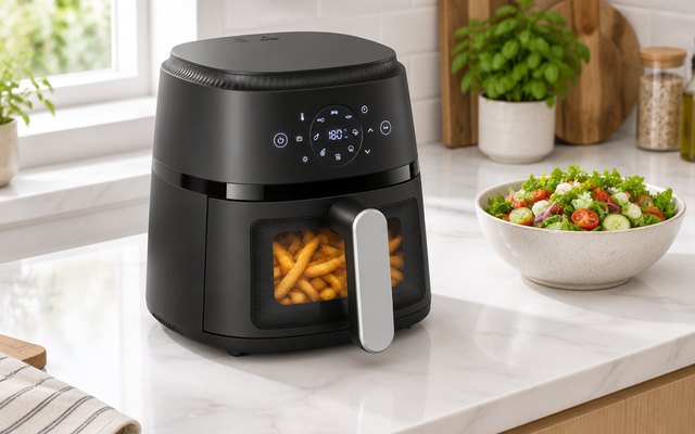 Black air fryer with a viewing window on its drawer, on a white kitchen counter
