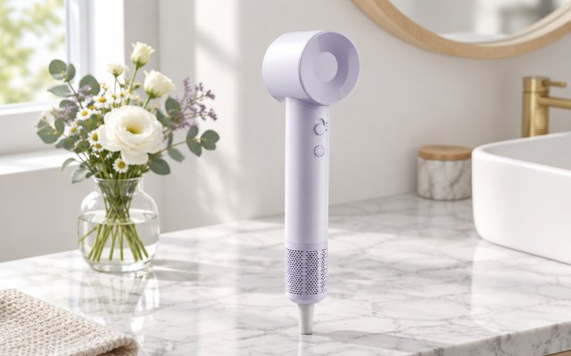 Slim high-speed hair dryer on a marble vanity