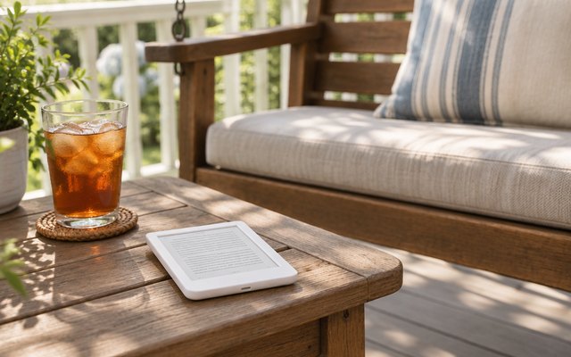 Kobo Clara Colour e-reader, on a wooden porch side table beside a glass of iced tea, a porch swing behind