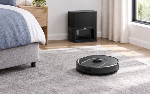Robot vacuum crossing a light grey bedroom rug