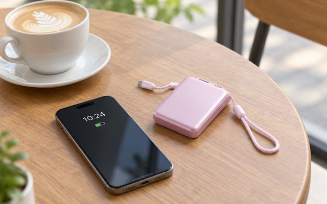 Small power bank with its built-in USB-C cable, lying on a cafe table next to a phone and a coffee cup