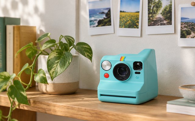Polaroid Now+ Generation 3 Instant Camera, light blue instant camera on a wooden shelf at home next to a small plant and a row of instant photos pinned above