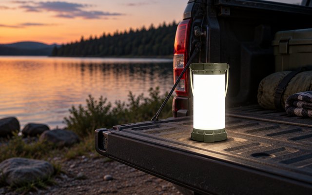 Glocusent C12 rechargeable lantern, on the open tailgate of a pickup truck parked beside a lake at dusk