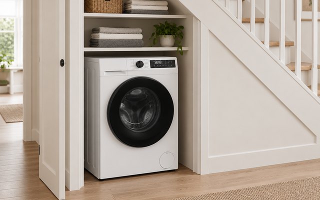 Hoover Pro Wash&Dry washer dryer, in a laundry cupboard under the stairs with shelves of folded towels above