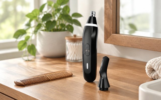 A small black nose and brow trimmer on a wooden vanity beside a comb