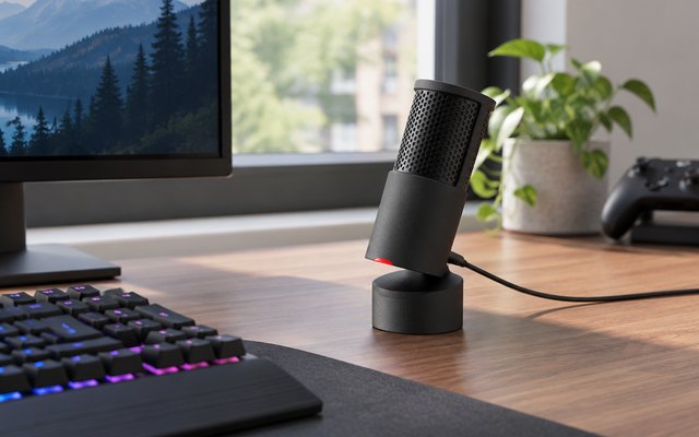 HyperX SoloCast 2 microphone, on a tidy gaming desk beside a keyboard