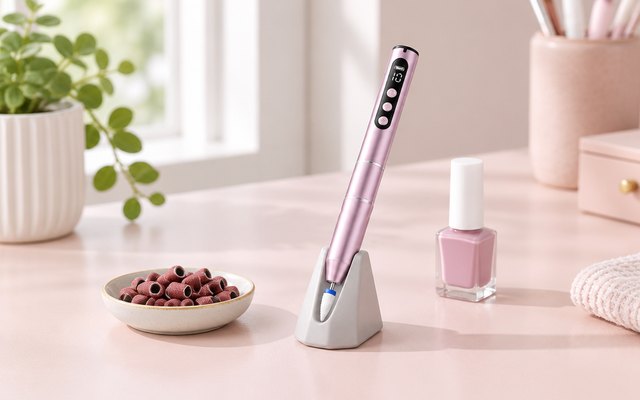 Cordless nail drill pen standing in its holder on a pastel desk beside a small dish of sanding bands and a gel polish bottle
