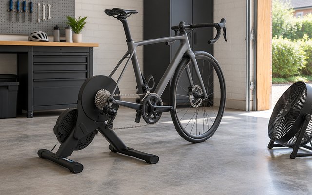 Wahoo KICKR CORE 2 turbo trainer, with a road bike fitted to it in place of the rear wheel, in a tidy British garage with a fan nearby