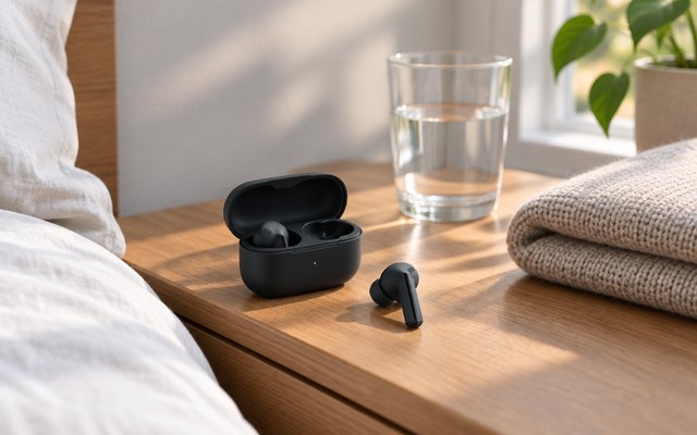 Black wireless earbuds and their case on a bedside table