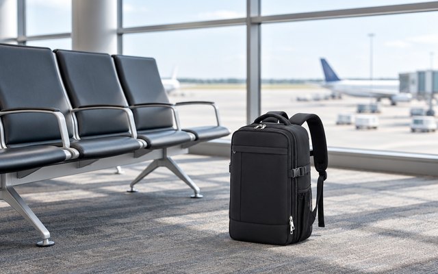 Lossga underseat cabin bag, standing in an empty airport departure lounge