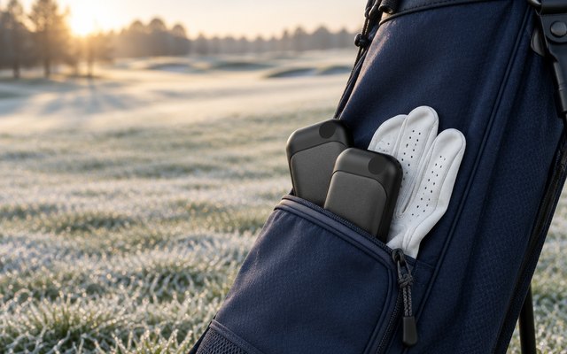 Pair of black rechargeable hand warmers on a golf bag beside a golf glove on a frosty fairway in early-morning sun