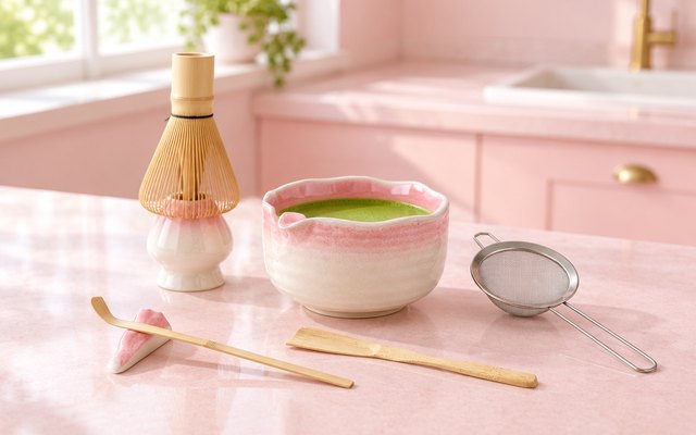 A pink and white spouted matcha bowl with a bamboo whisk, scoop and sifter on a pastel-pink kitchen worktop