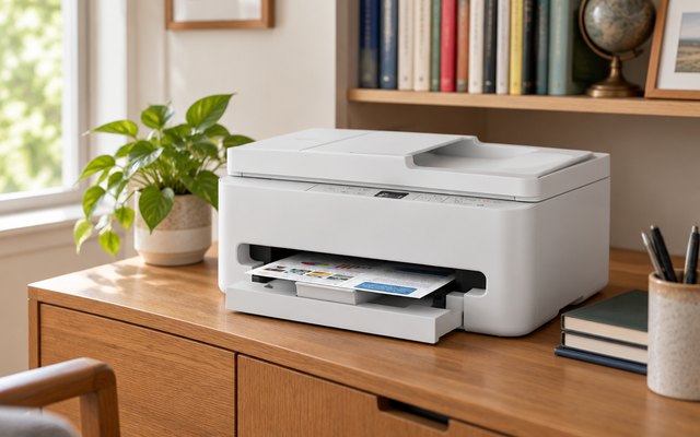 Canon PIXMA TR7120 Wireless All-in-One Printer, on a sideboard in a study with books behind