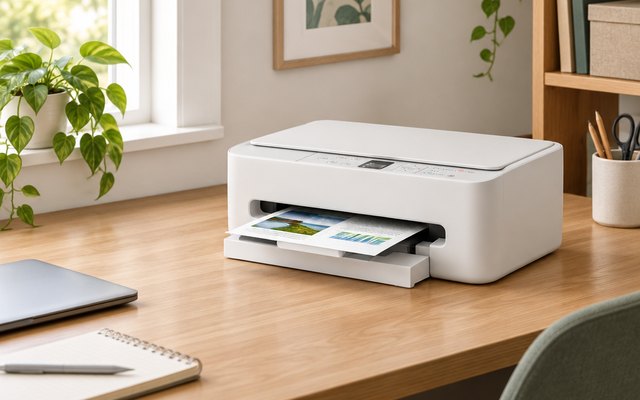 Canon PIXMA TS6520 printer, on a desk in a small home office nook
