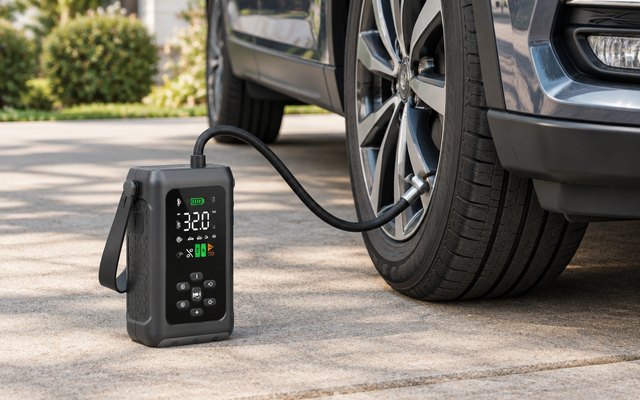 Joltekon VP30 jump starter, on the driveway beside a car's front tire