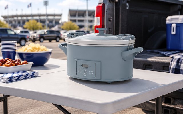 Crock-Pot Design Series slow cooker, on a folding table at a tailgate behind a pickup truck in a stadium parking lot