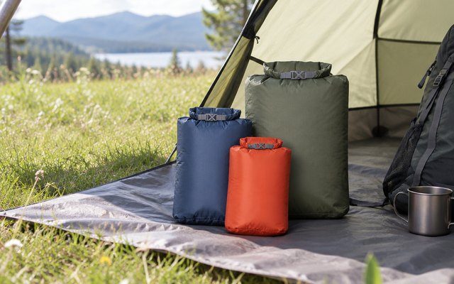 Lifeventure dry bag multipack, laid out on a groundsheet in the porch of a tent on a grassy campsite
