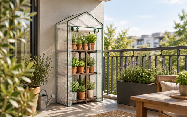3-tier wooden mini greenhouse, on a covered apartment balcony with railings, potted herbs on its shelves