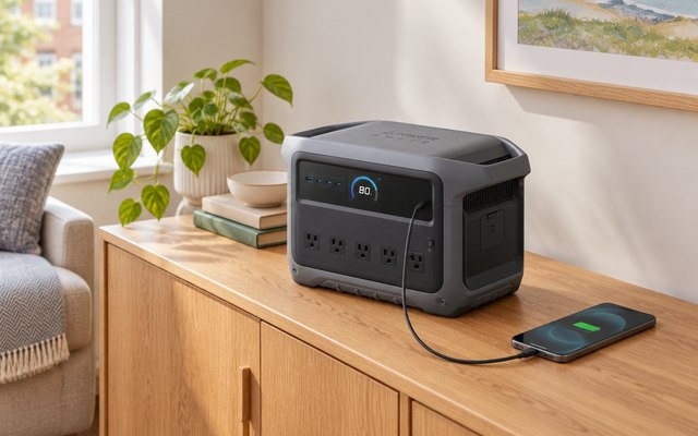 Anker SOLIX C1000 power station, charging a phone on a sideboard in a living room