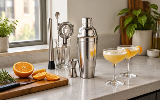 Vizoshi 7-piece cocktail shaker set, on a small apartment kitchen counter beside a cutting board with a sliced orange and two coupe glasses