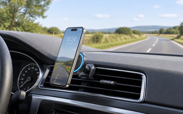 VICSEED magnetic phone mount, clipped to a car's air vent with a phone held on it, a country road ahead