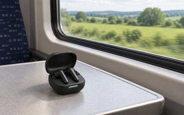 soundcore P31i earbuds, on a train table beside a window looking out on green countryside