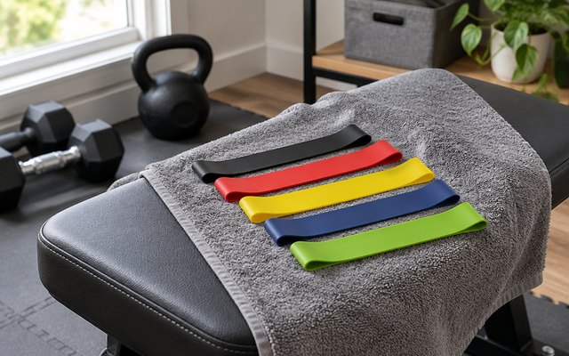 Five latex mini loop bands on a gym towel