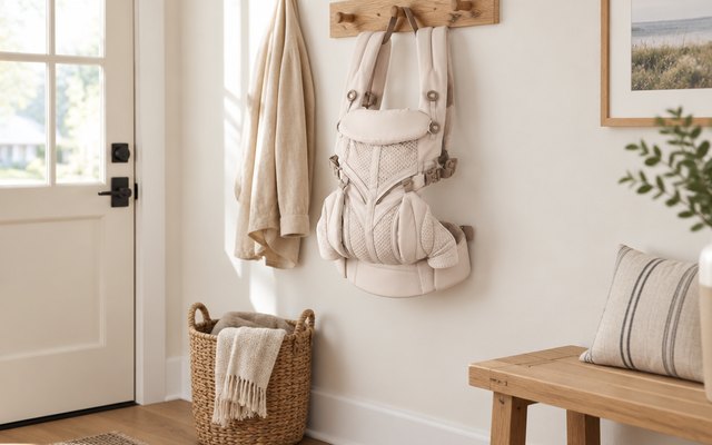 Ergobaby Omni Classic carrier, on a wooden coat hook in a bright American entryway beside a bench and a woven basket