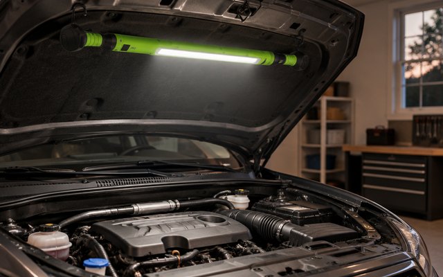 JINLITE underhood work light, fixed across the underside of an open car hood with its hooks on the hood edges, lighting the engine bay in a home garage