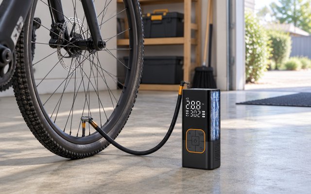 SFGSUP cordless tire inflator, on a garage floor beside a bicycle, its hose attached to the bike's tire valve