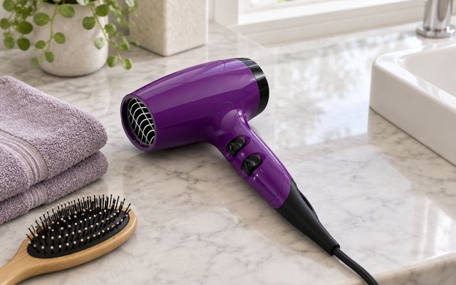 Compact hair dryer on a bathroom counter by a towel