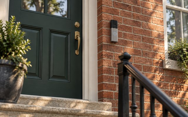 Ring Battery Doorbell 4K Pro, video doorbell mounted beside the front door of a suburban house, a potted plant on the step, morning light