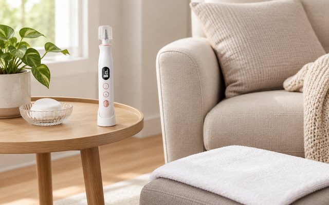 Cordless nail drill, on a side table next to a cushioned armchair and a footrest with a white towel, ready for a pedicure at home