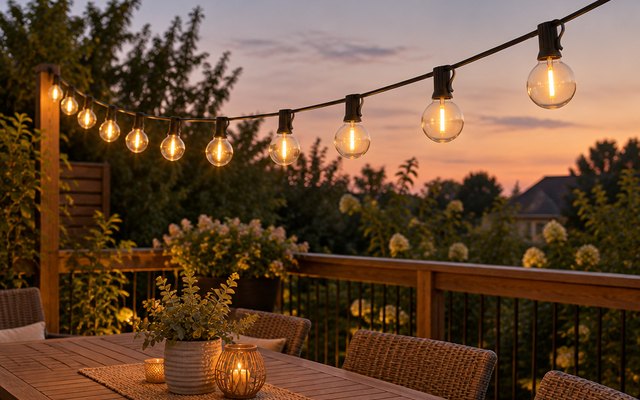 addlon G40 string lights, strung across a backyard deck above a dining table at dusk, glowing warmly