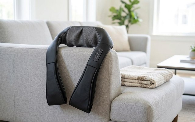Black neck and shoulder massager wrap draped over the arm of a light grey sofa