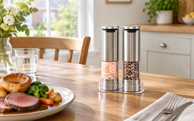 VOXON rechargeable salt and pepper grinders, a pair in their tray on a wooden dining table