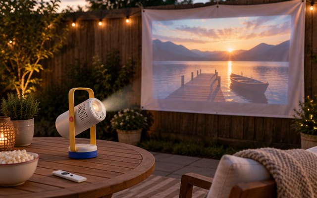 XGIMI Vibe One projector, on a garden table on a patio, a film projected onto a white sheet hung on the fence