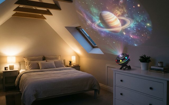 Black saucer-shaped planetarium projector on a white dresser, Saturn and stars across an attic bedroom’s sloped ceiling