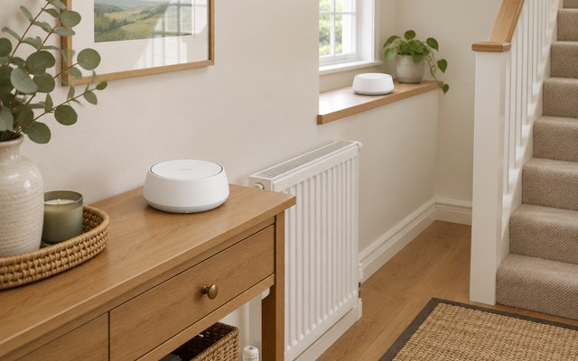 TP-Link Deco BE3600 mesh units, on a hallway table and a landing shelf