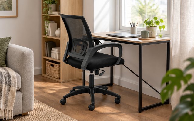 Mid-back mesh office chair, at a compact desk in a living room corner by a window