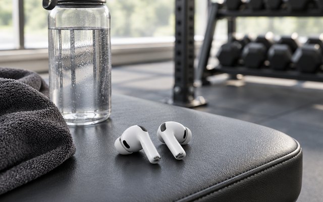Apple AirPods Pro 3, on a gym bench beside a water bottle