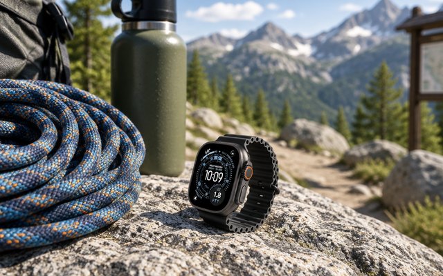 A rugged black smartwatch on a rock at a mountain trailhead