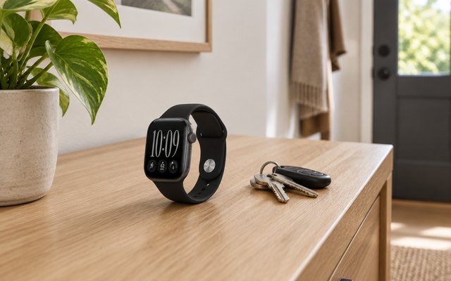 A dark grey smartwatch on a hallway console beside house keys