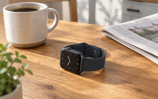 Dark smartwatch on a wooden kitchen table beside a coffee mug