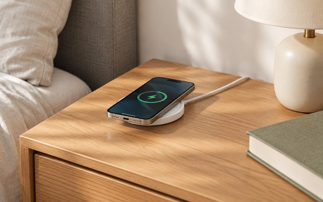 Apple MagSafe Charger, wireless charger on a wooden nightstand with a phone charging on it, a lamp and a book beside it, soft light