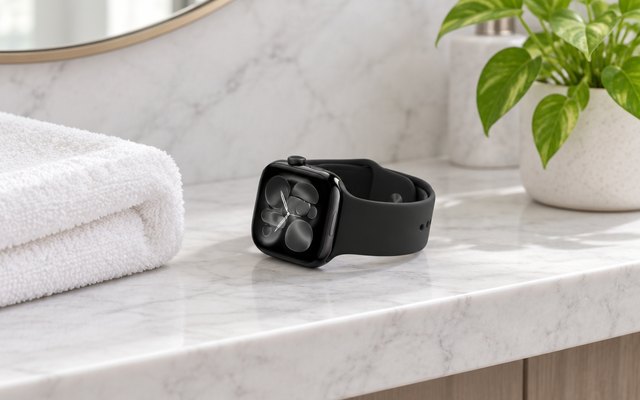 Black smartwatch with a black sport band on a white marble shelf